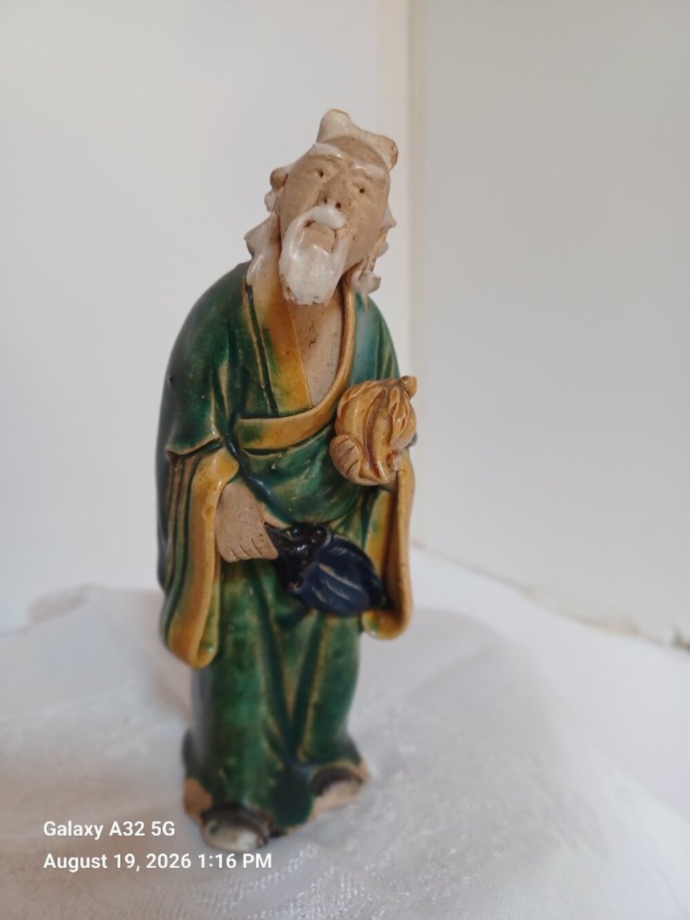 Antique Vintage Asian Chinese Glazed Ceramic Pottery Mud Man with Stand